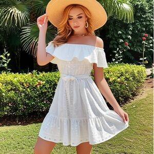 BCBGeneration Ruffled Off Shoulder Eyelet Mini Dress Womens Sz M Cottage White